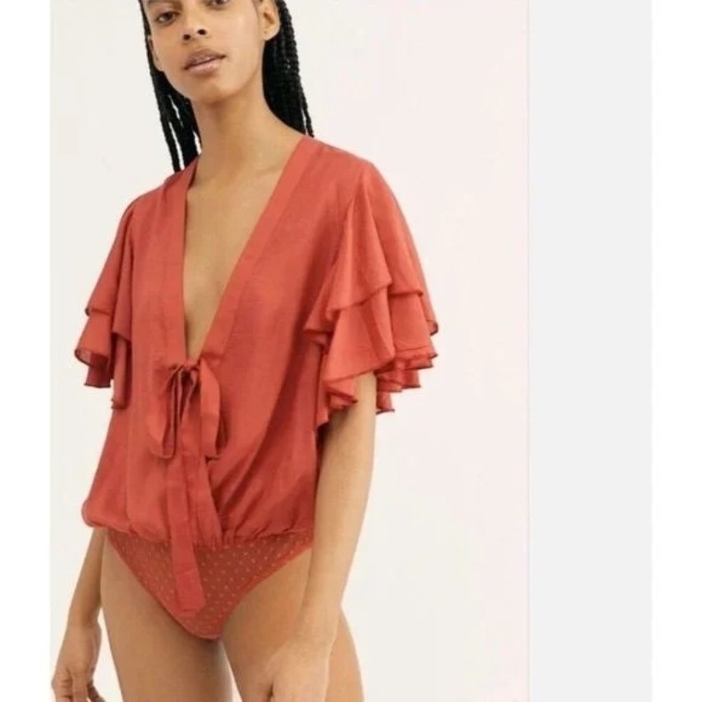 Free People Intimately Call Me Later Bodysuit Top Womens Small Red Tie Front
